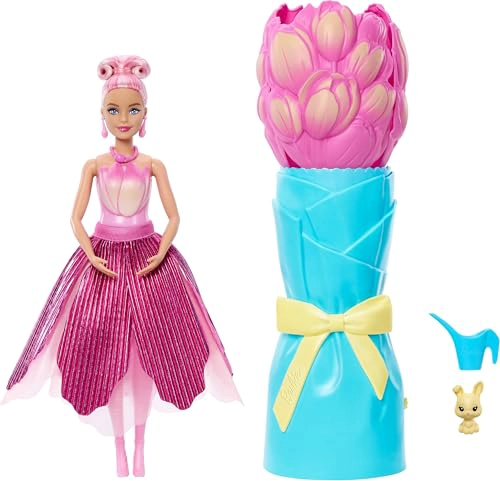 MUÑECA BARBIE PETAL POP CON VESTIDO DE TULIPAN ROSA Y ACCESORIOS REVELACION DE RAMO CON CONEJITO - 1