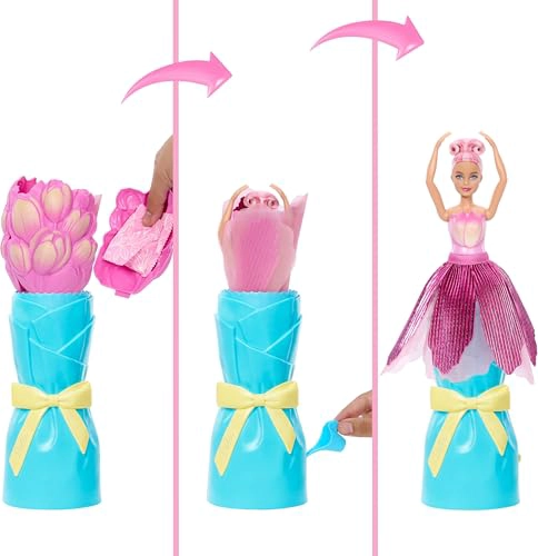 MUÑECA BARBIE PETAL POP CON VESTIDO DE TULIPAN ROSA Y ACCESORIOS REVELACION DE RAMO CON CONEJITO - 3