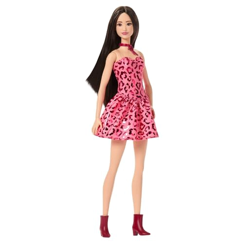 MUÑECA BARBIE FASHIONISTAS 246 CON CABELLO NEGRO VESTIDO SIN TIRANTES DE LEOPARDO ROSA - 5