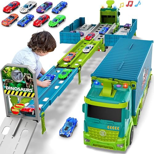 JUGUETES DE PISTA DE CARRERAS CON CAMION TRANSPORTADOR PARA NIÑOS PEQUEÑOS SET DE JUEGO PLEGABLE - 1