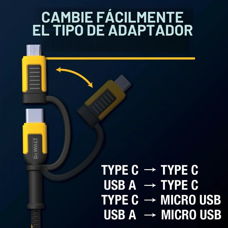 DEWALT CABLE 4 EN 1 DE ALTA RESISTENCIA, TIPO C/MICROUSB/USB, 6 PIES - 2