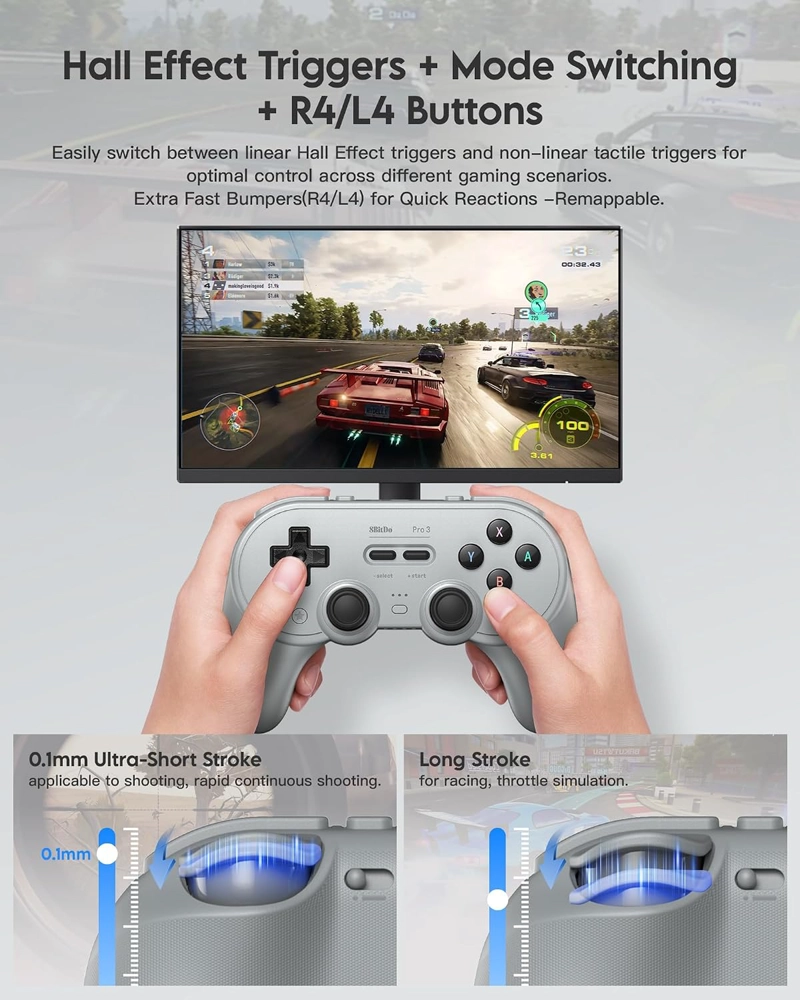 8BITDO PRO 3 BLUETOOTH CONTROLLER PARA SWITCH/SWITCH 2 - TMR JOYSTICKS, SWAPPABLE ABXY BOTONES - 4