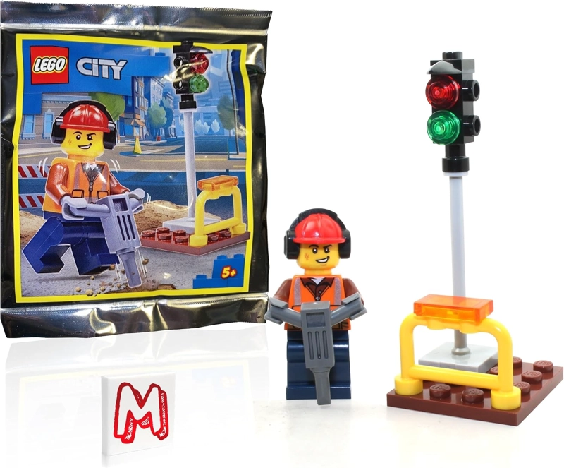 LEGO CITY MINIFIGURE - OBRERO DE LA CONSTRUCCION/CONSTRUCTOR CON SEMAFORO Y MARTILLO NEUMATICO - 1