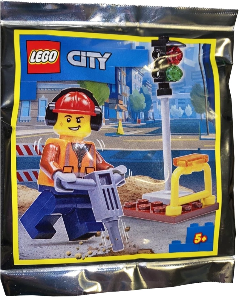 LEGO CITY MINIFIGURE - OBRERO DE LA CONSTRUCCION/CONSTRUCTOR CON SEMAFORO Y MARTILLO NEUMATICO - 3
