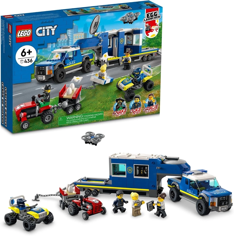 LEGO CAMION DE MANDO MOVIL DE LA POLICIA DE LA CIUDAD CON REMOLQUE DE PRISION, DRON, TRACTOR Y ATV - 1