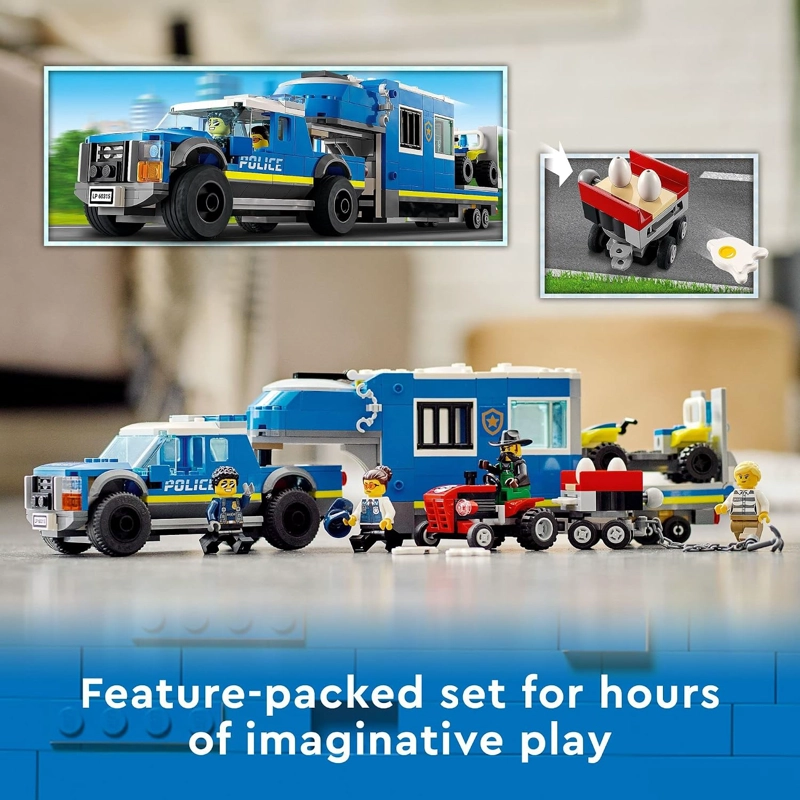 LEGO CAMION DE MANDO MOVIL DE LA POLICIA DE LA CIUDAD CON REMOLQUE DE PRISION, DRON, TRACTOR Y ATV - 4