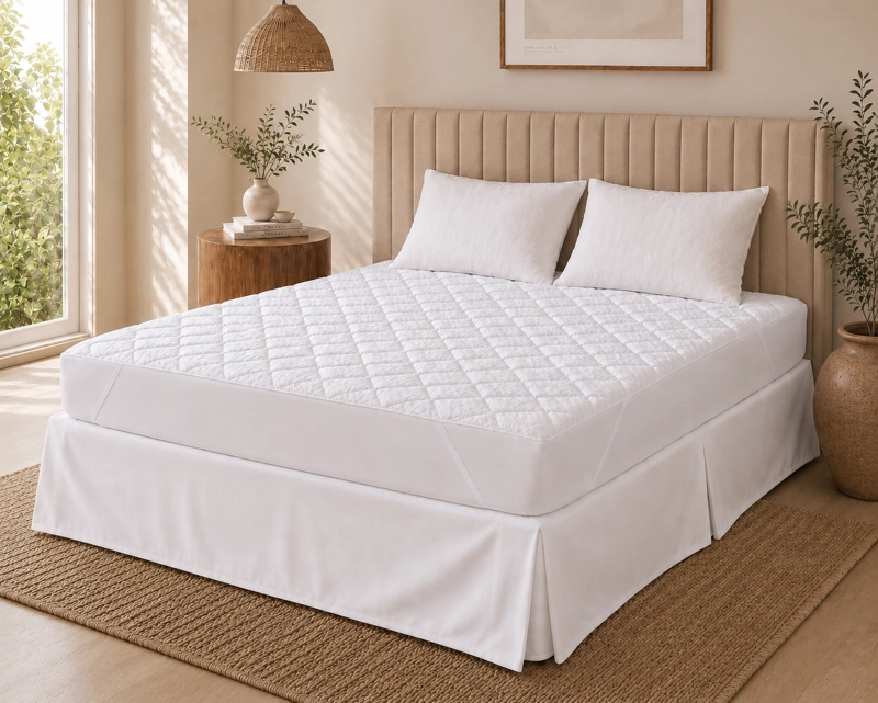 COMBO 2 ALMOHADAS + CUBRECOLCHON CON ELASTICOS  + FALDON BLANCO 1 PLAZA - 1