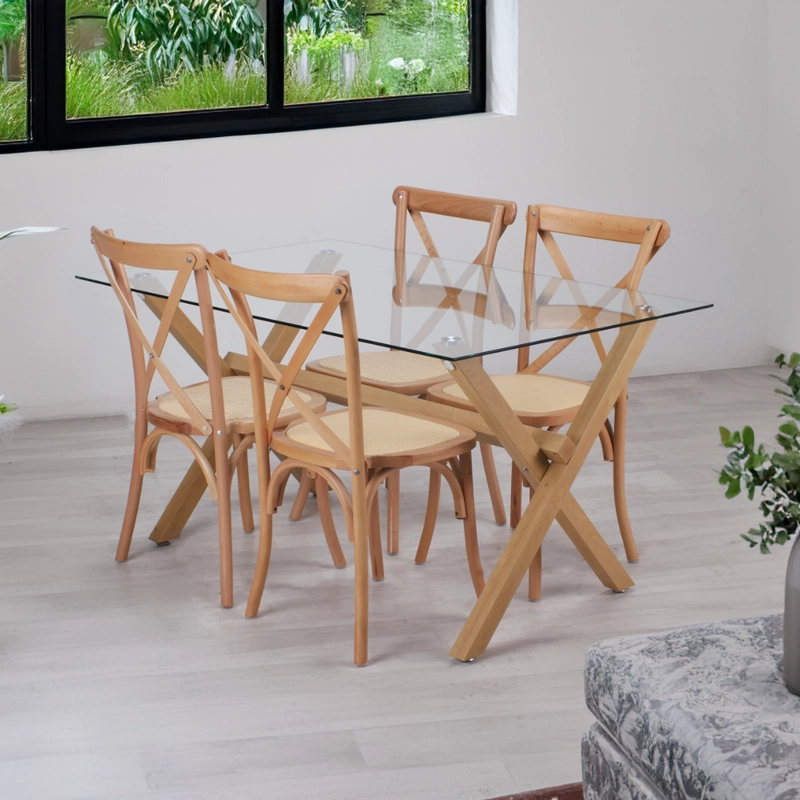 COMEDOR MESA XINIA 140X90 + 4 SILLAS CROSSBACK | MADERA & RATAN - 1