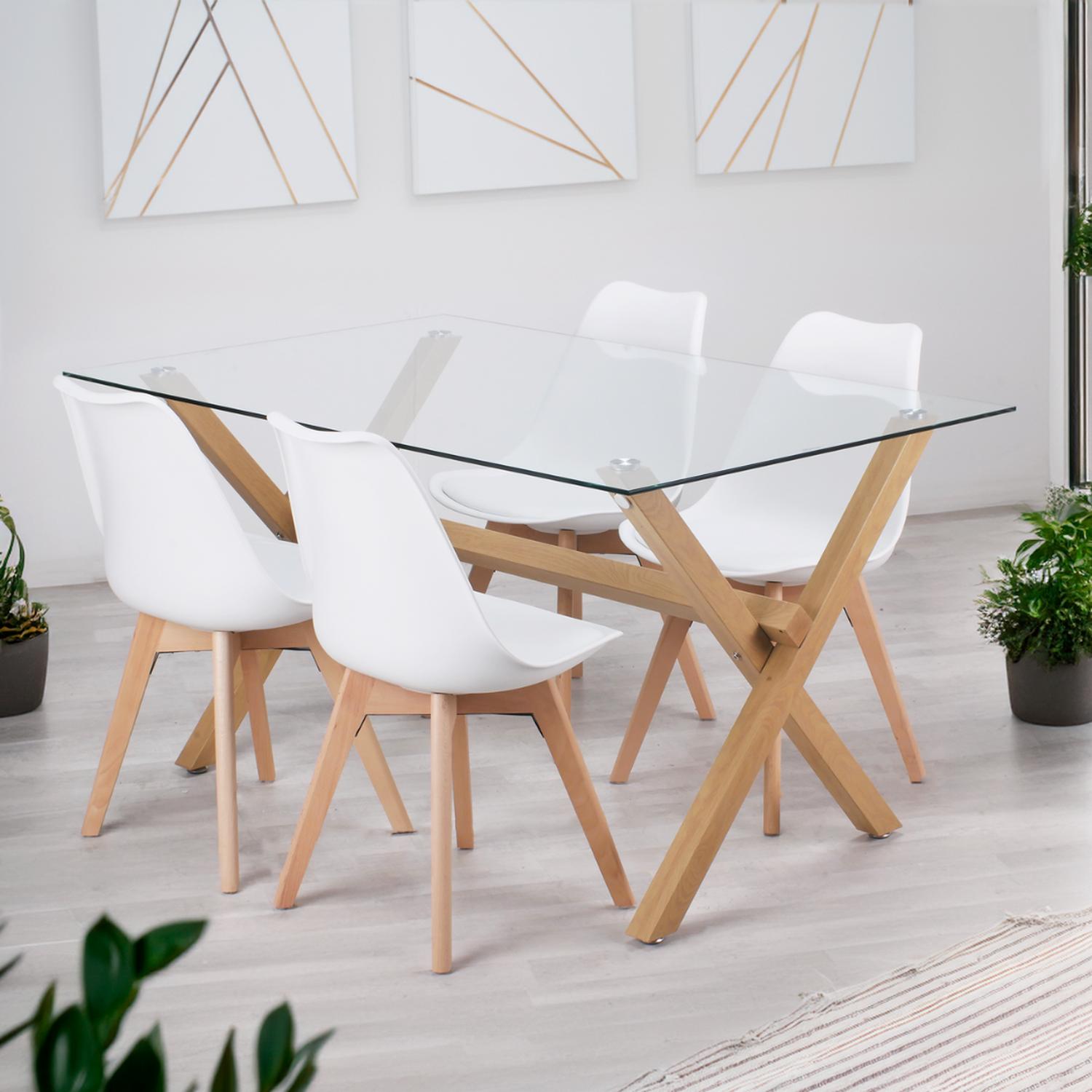 COMEDOR MODERNO MESA XINIA 140X90 + 4 SILLAS TULIP BLANCA | ELEGANTE - 1