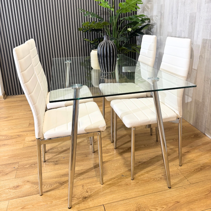 COMEDOR MESA RECTANGULAR VITREO 130X80 + 4 SILLA DINING BLANCA - 1