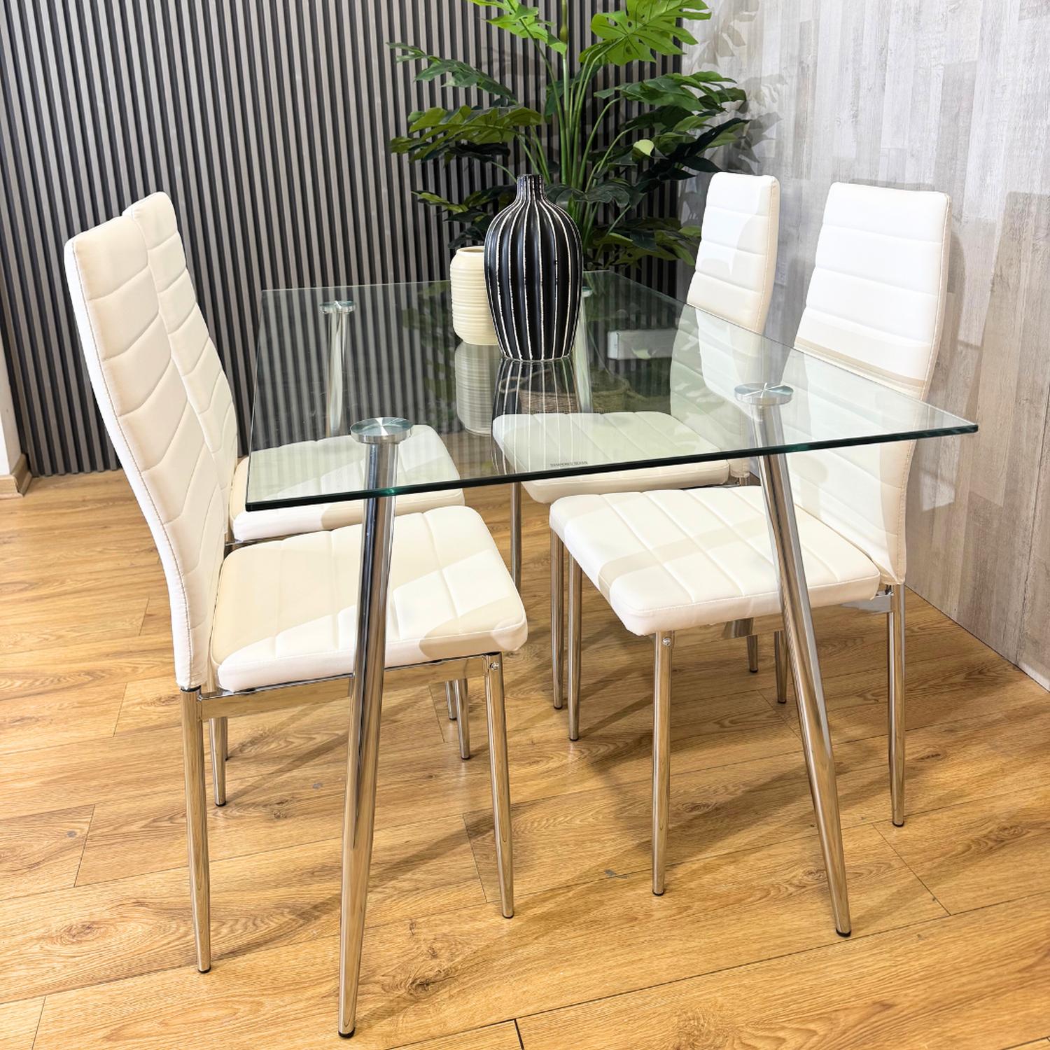 COMEDOR MESA RECTANGULAR VITREO 130X80 + 4 SILLA DINING BLANCA - 1