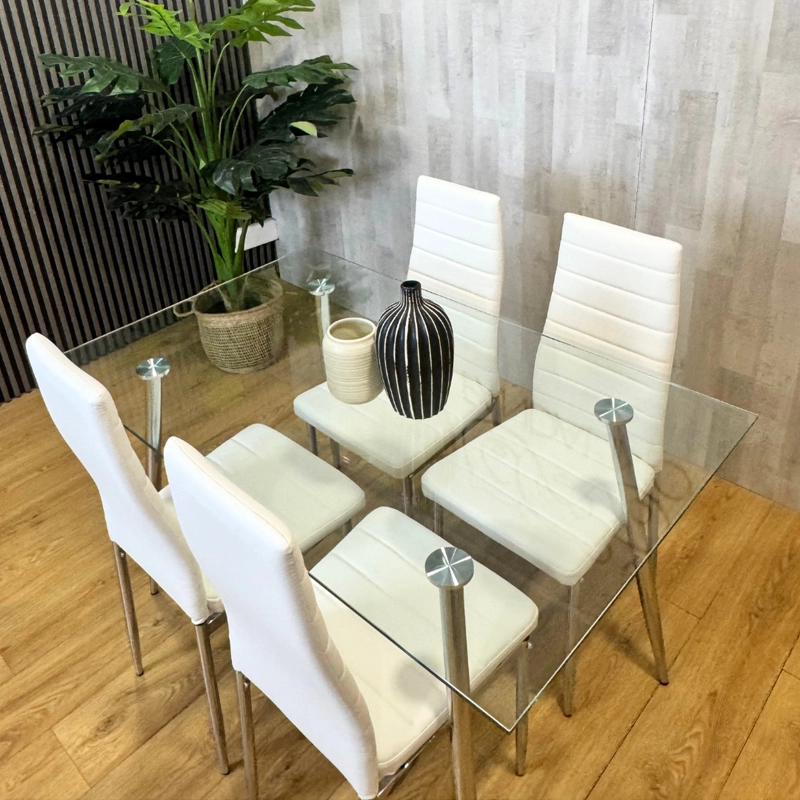 COMEDOR MESA RECTANGULAR VITREO 130X80 + 4 SILLA DINING BLANCA - 2