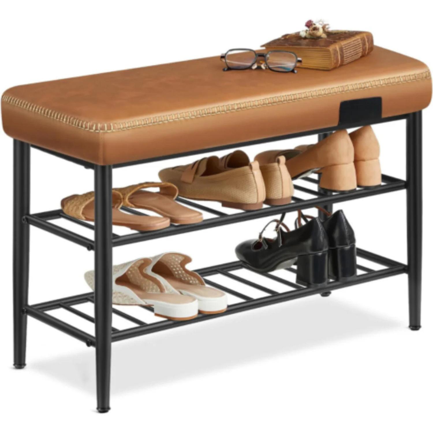 BANQUETA ZAPATERO ORGANIZADOR MAUK | ACERO Y ECO CUERO CAFE - 1