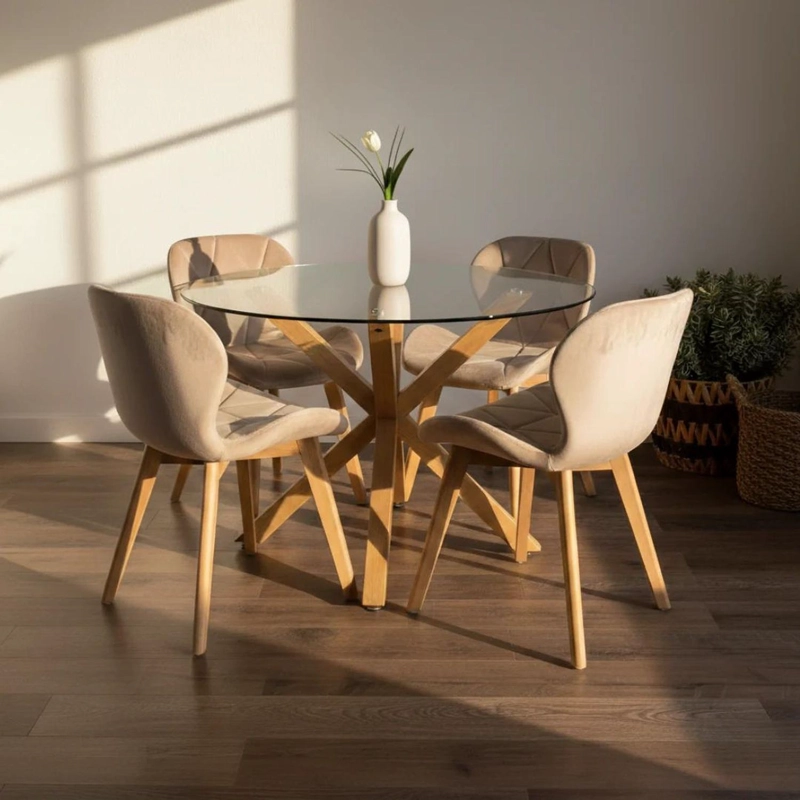 COMEDOR MESA REDONDA EQUIZ 100CM + 4 SILLAS RUBIK BEIGE VELVET - 1