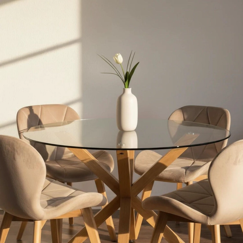 COMEDOR MESA REDONDA EQUIZ 100CM + 4 SILLAS RUBIK BEIGE VELVET - 2