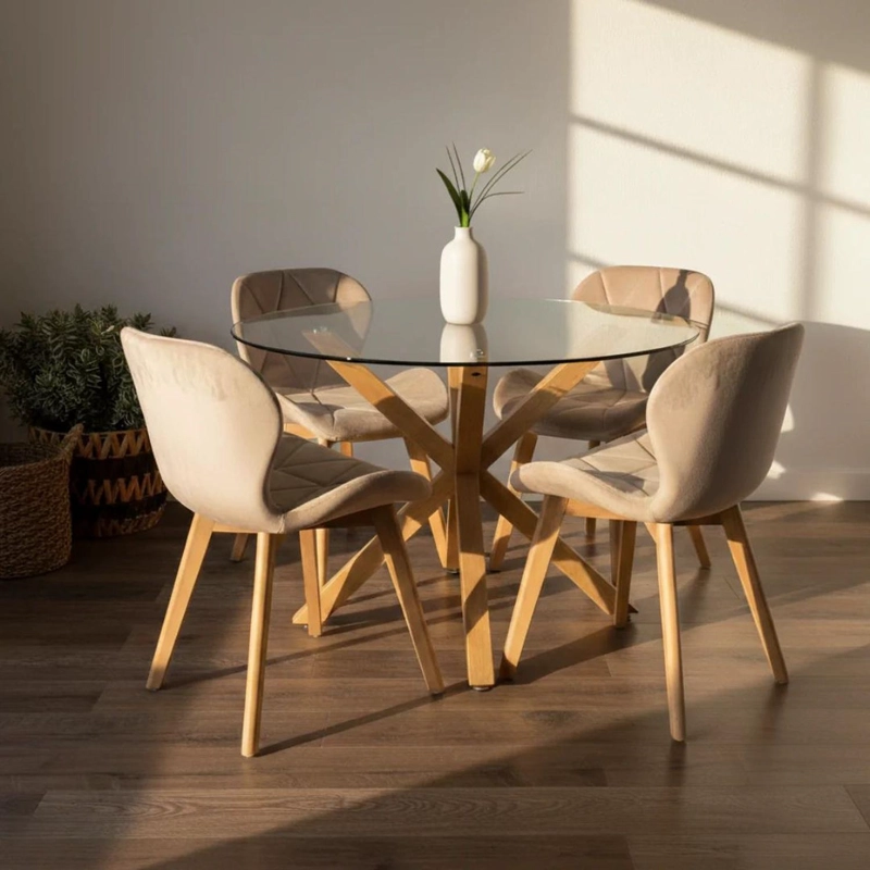 COMEDOR MESA REDONDA EQUIZ 100CM + 4 SILLAS RUBIK BEIGE VELVET - 3