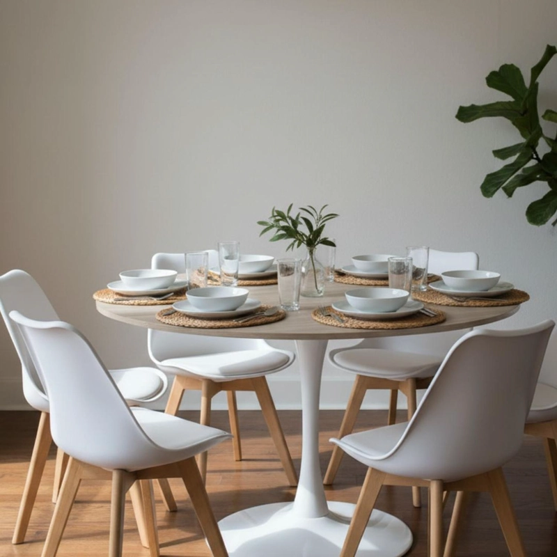 COMEDOR MESA TULIP 120 CM (CUBIERTA EFECTO MADERA) + 6 SILLAS TULIP BLANCO - 1