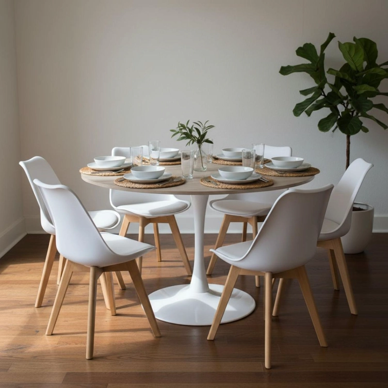 COMEDOR MESA TULIP 120 CM (CUBIERTA EFECTO MADERA) + 6 SILLAS TULIP BLANCO - 2