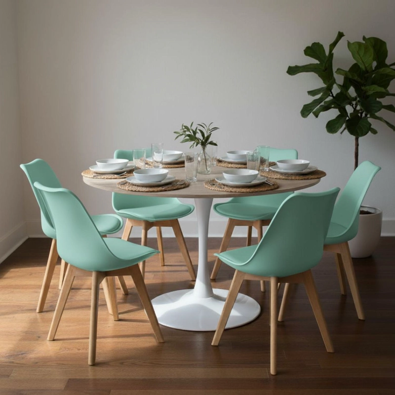 COMEDOR MESA TULIP 120 CM (CUBIERTA EFECTO MADERA) + 6 SILLAS TULIP MENTA - 1