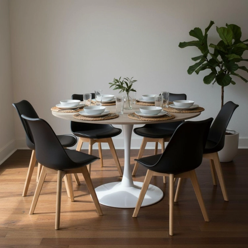COMEDOR MESA TULIP 120 CM (CUBIERTA EFECTO MADERA) + 6 SILLAS TULIP NEGRO - 1