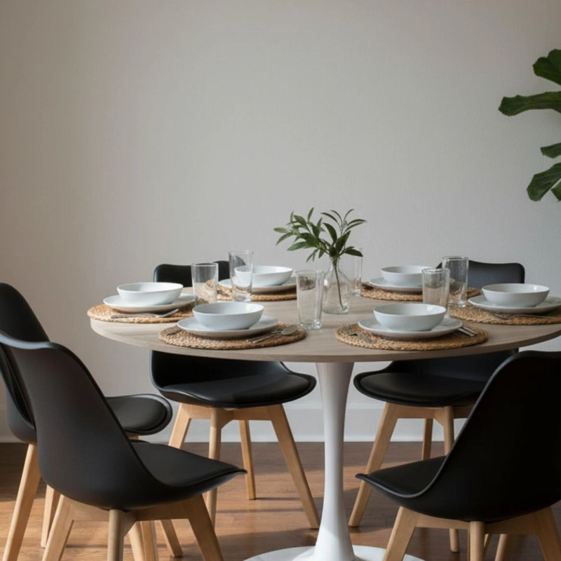 COMEDOR MESA TULIP 120 CM (CUBIERTA EFECTO MADERA) + 6 SILLAS TULIP NEGRO - 2