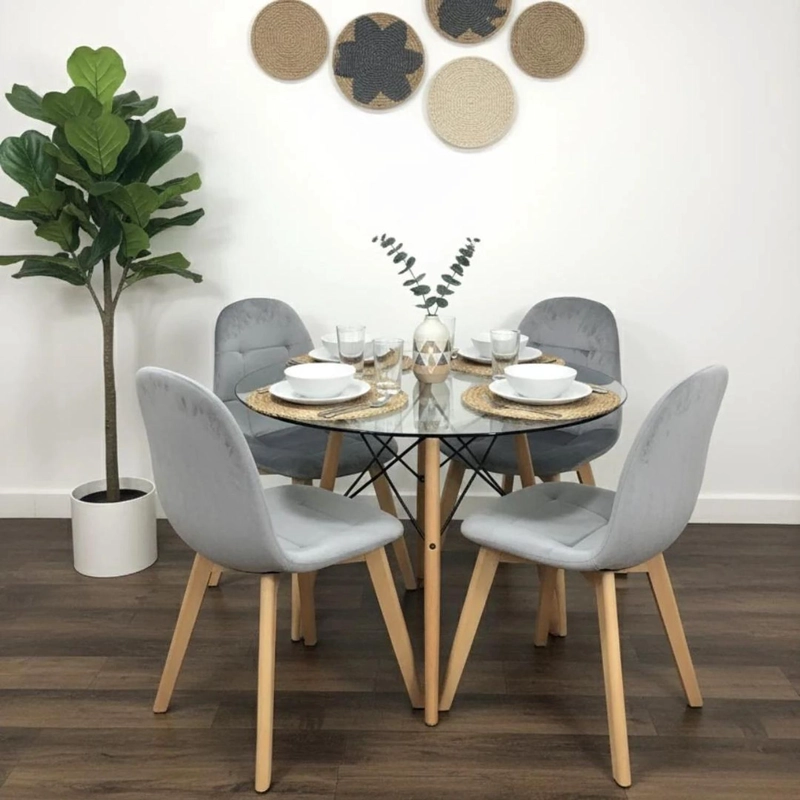COMEDOR MESA REDONDA ELIDA 80 CM + 4 SILLAS VORAK GRIS