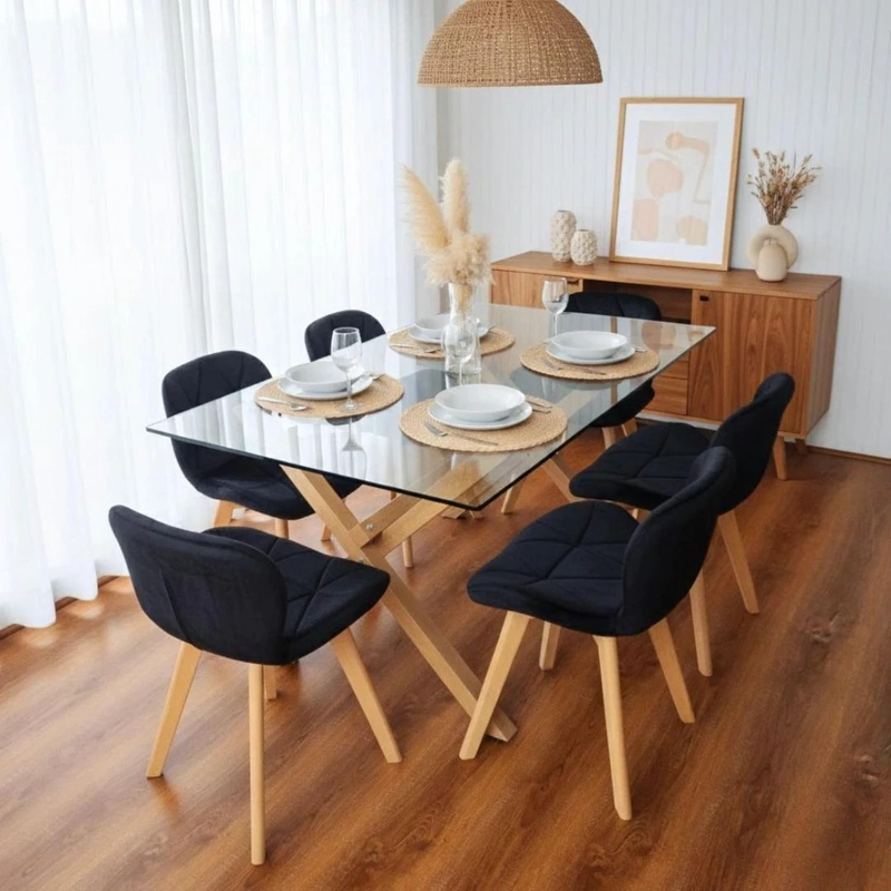 COMEDOR MODERNO MESA XINIA 140X90 + 6 SILLONES RUBIK VELVET NEGRO - 1