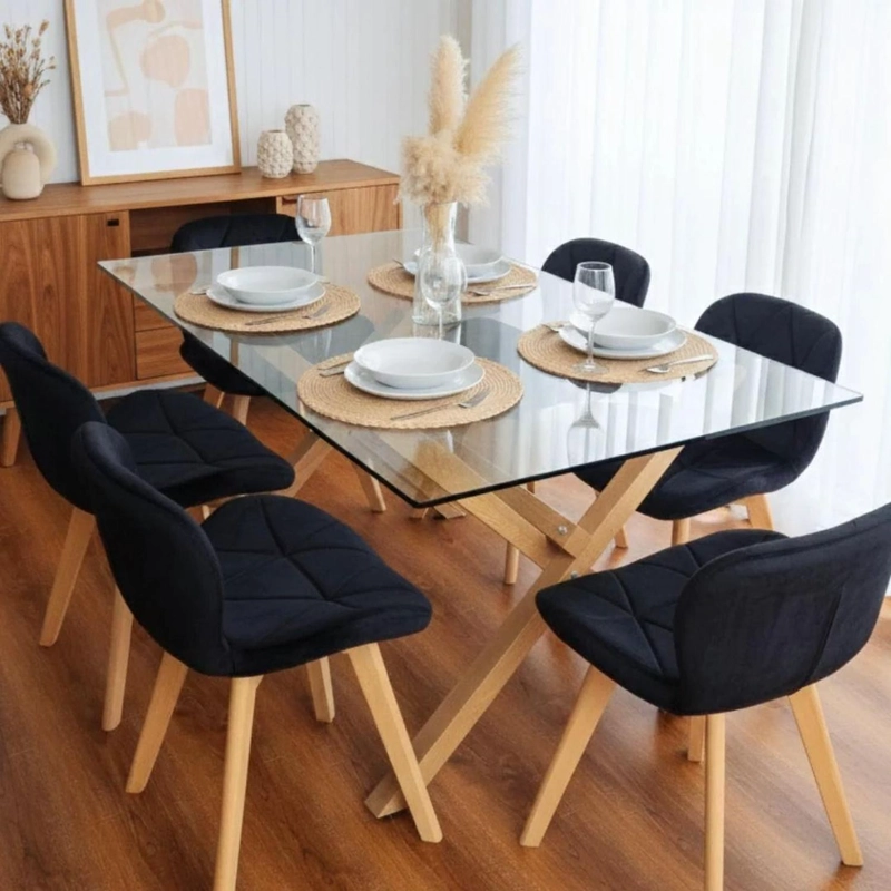 COMEDOR MODERNO MESA XINIA 140X90 + 6 SILLONES RUBIK VELVET NEGRO - 2