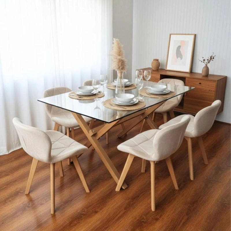 COMEDOR MODERNO MESA XINIA 140X90 + 6 SILLONES RUBIK VELVET BEIGE - 1
