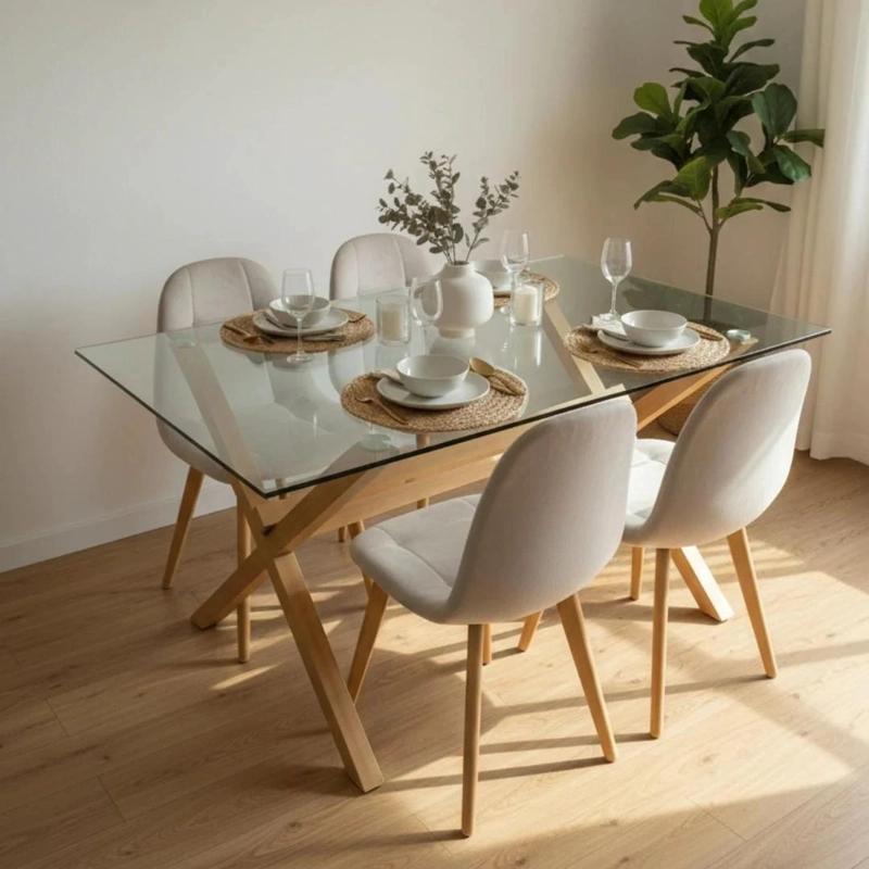COMEDOR MESA XINIA 130X80 + 4 SILLAS VORAK VELVET BEIGE - 1