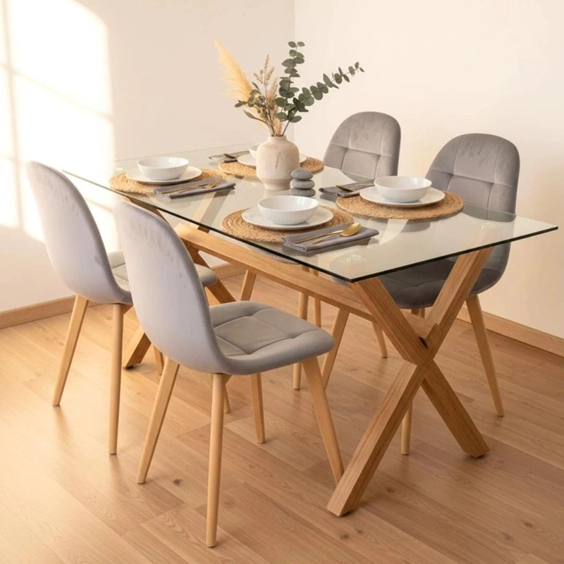 COMEDOR MESA XINIA 130X80 + 4 SILLAS VORAK VELVET GRIS - 1
