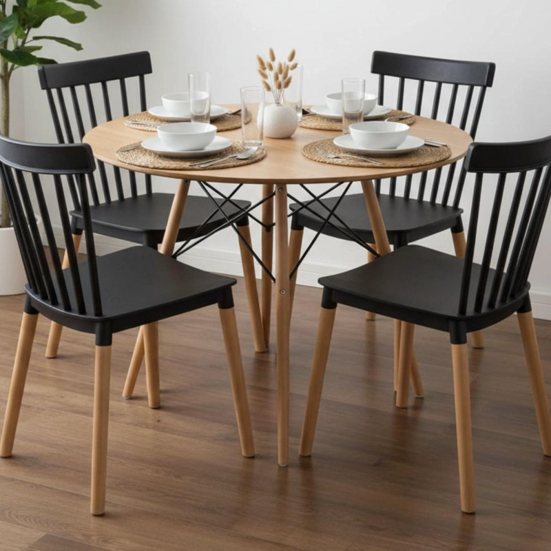COMEDOR REDONDO SHANNA 80 CM + 4 SILLAS WINDSOR NEGRO - 1