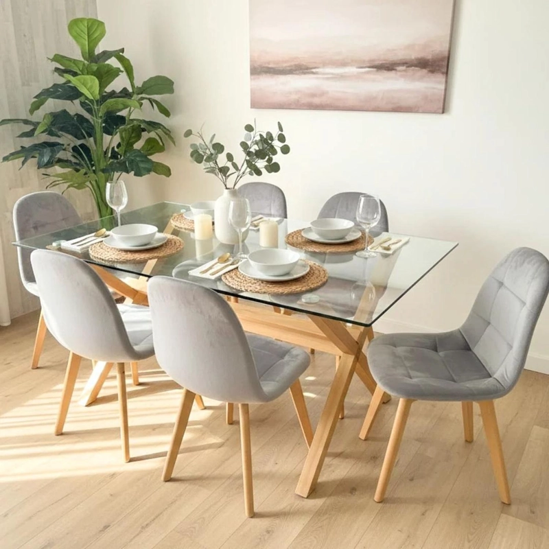 COMEDOR MESA XINIA 140X90 + 6 SILLAS VORAK VELVET GRIS - 1