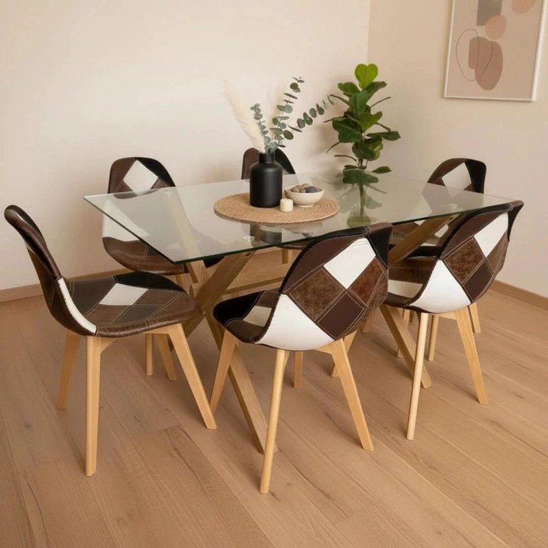 COMEDOR MESA XINIA 140X90 + 6 SILLA PATCHWORK DA VINCI | ECOCUERO CAFE - 1