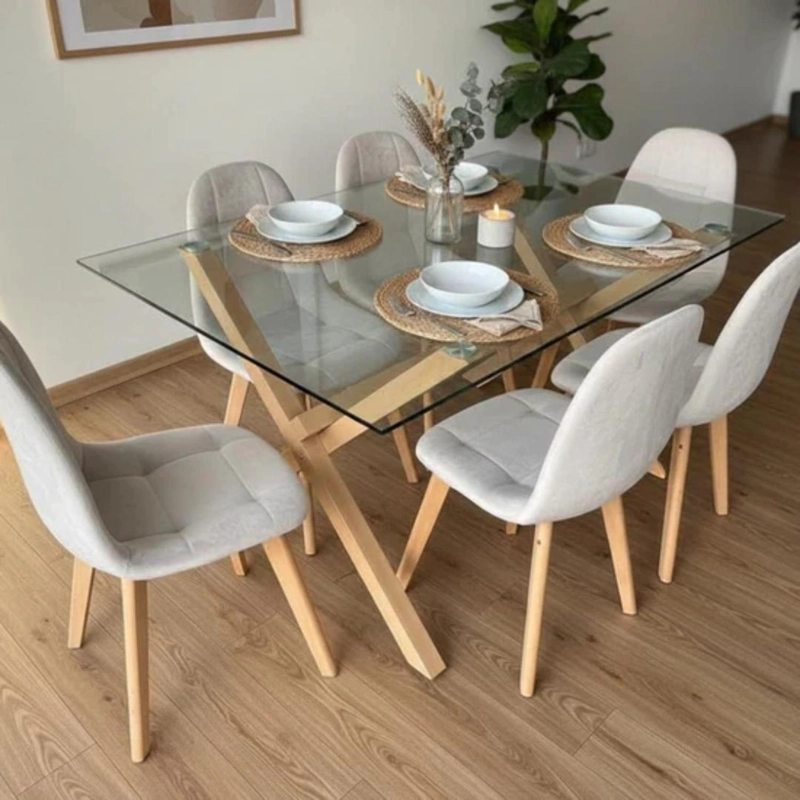 COMEDOR MESA XINIA 140X90 + 6 SILLAS VORAK VELVET BEIGE - 1