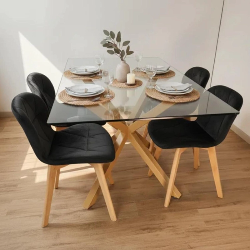 COMEDOR MESA GRETA 140X90 CM + 4 SILLON RUBIK VELVET NEGRO - 1