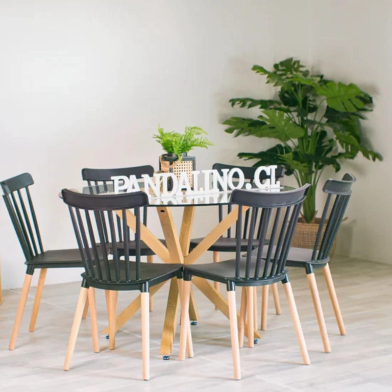 COMEDOR MESA REDONDA EQUIZ 120CM + 6 SILLAS WINDSOR NEGRO - 1