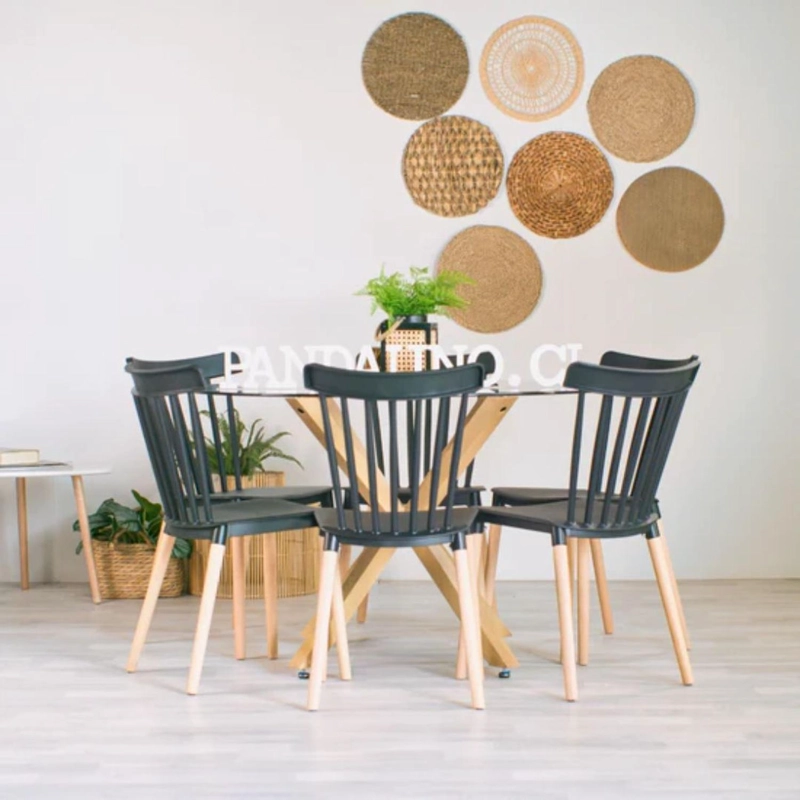 COMEDOR MESA REDONDA EQUIZ 120CM + 6 SILLAS WINDSOR NEGRO - 2