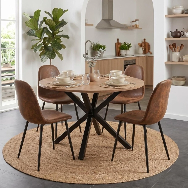 COMEDOR MESA REDONDA EQUIZ 100CM MADERA | BASE X NEGRO + 4 SILLAS ISIDORA - 1
