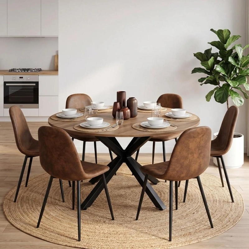 COMEDOR MESA REDONDA EQUIZ 120CM MADERA | BASE X NEGRO + 6 SILLAS ISIDORA - 1