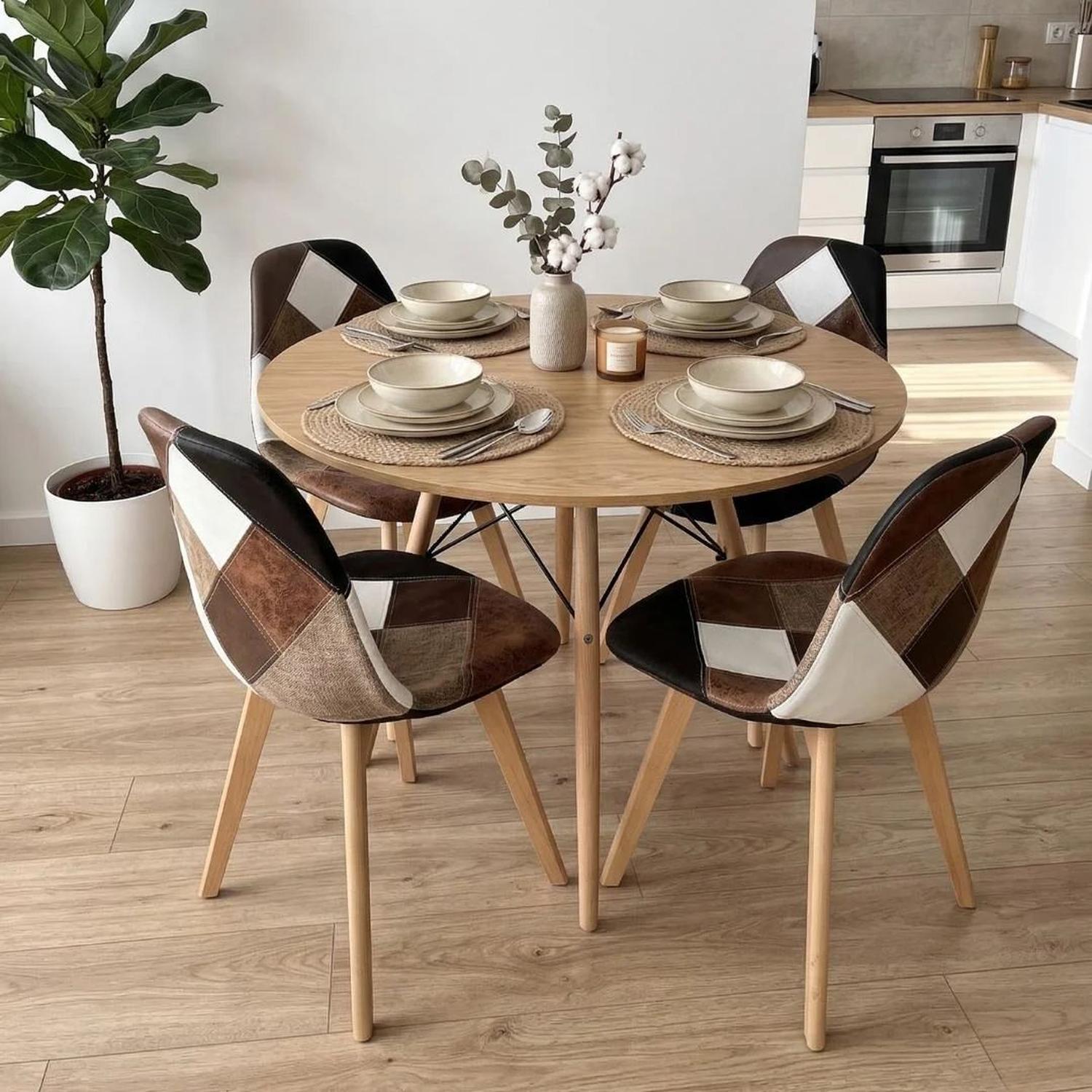 COMEDOR REDONDA SHANNA 100CM + 4 SILLA PATCHWORK DA VINCI CAFE - 1