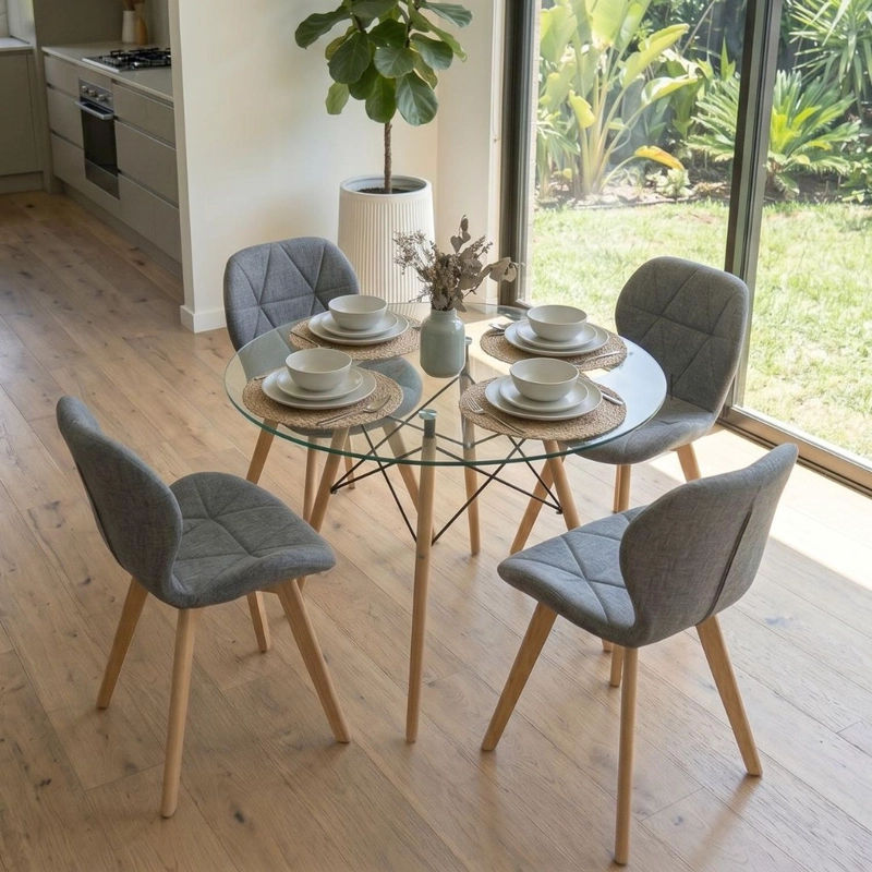 COMEDOR MESA ELIDA 100CM + 4 SILLON RUBIK GRIS LINO - 2
