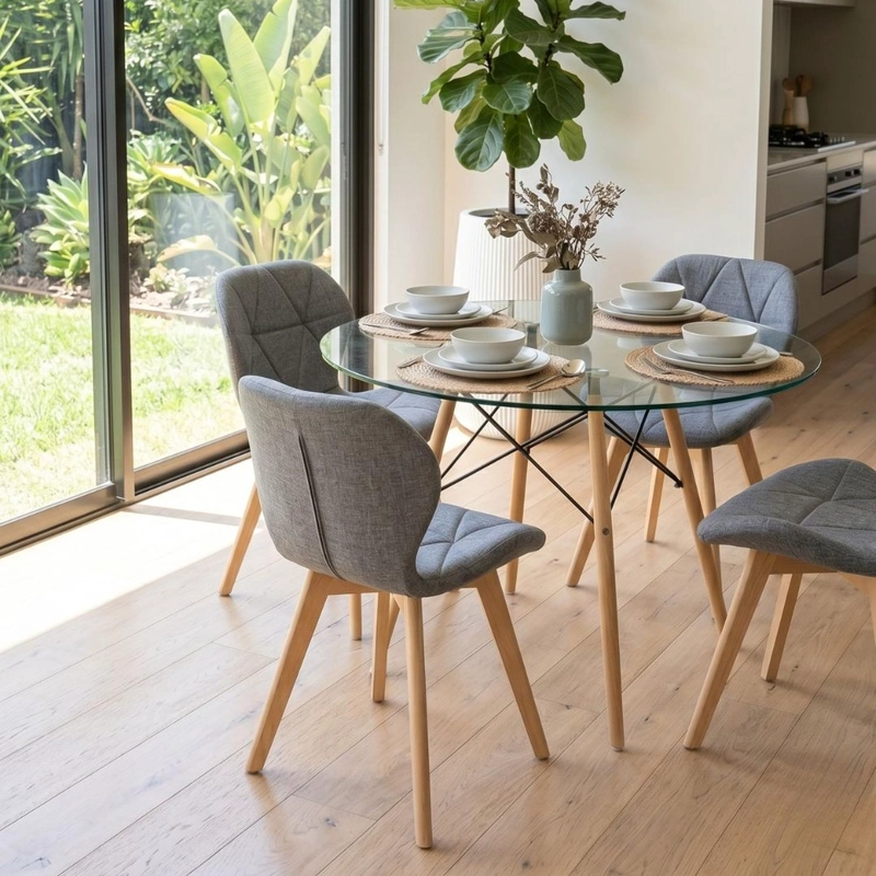 COMEDOR MESA ELIDA 100CM + 4 SILLON RUBIK GRIS LINO - 4