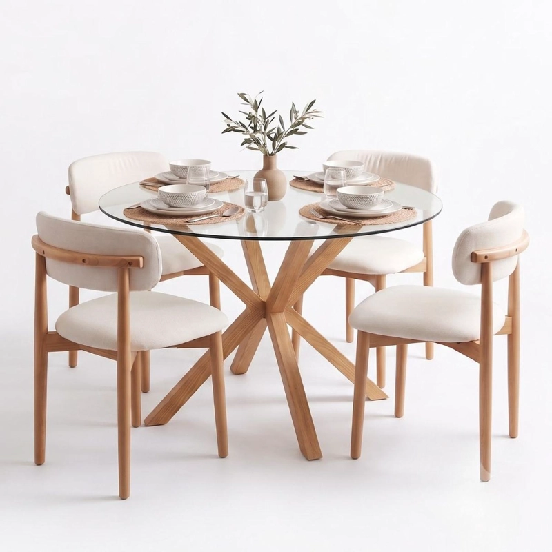 COMEDOR MESA EQUIZ 100CM + 4 SILLA MAKENA LINO BEIGE | MADERA NATURAL - 5