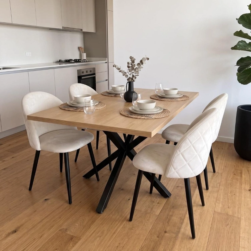 COMEDOR MESA GRETA WOOD 140X90 | PATA NEGRA + 4 SILLA ELOINA FELPA BEIGE | PATA NEGRA - 2