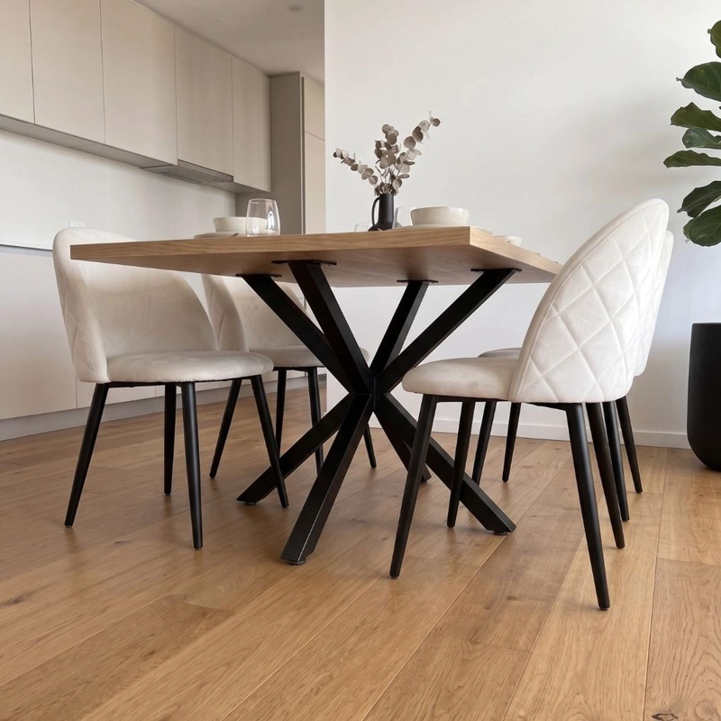 COMEDOR MESA GRETA WOOD 140X90 | PATA NEGRA + 4 SILLA ELOINA FELPA BEIGE | PATA NEGRA - 3