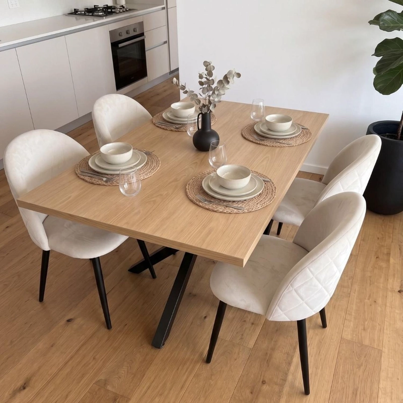 COMEDOR MESA GRETA WOOD 140X90 | PATA NEGRA + 4 SILLA ELOINA FELPA BEIGE | PATA NEGRA - 4