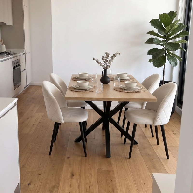 COMEDOR MESA GRETA WOOD 140X90 | PATA NEGRA + 4 SILLA ELOINA FELPA BEIGE | PATA NEGRA - 5