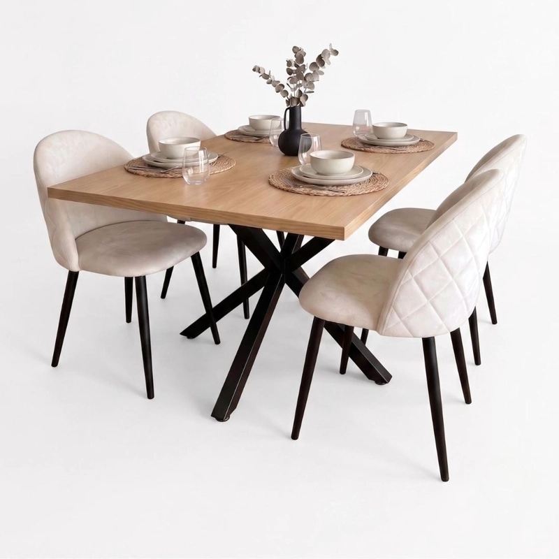 COMEDOR MESA GRETA WOOD 140X90 | PATA NEGRA + 4 SILLA ELOINA FELPA BEIGE | PATA NEGRA - 6
