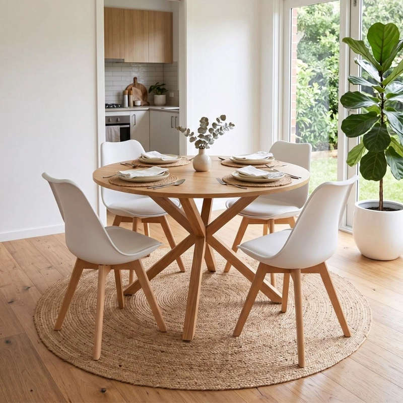 COMEDOR MESA REDONDA EQUIZ WOOD 100CM | BASE X + 4 SILLAS TULIP BLANCAS - 1